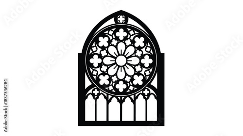 Detailed gothic window design with a rose window and pointed arch