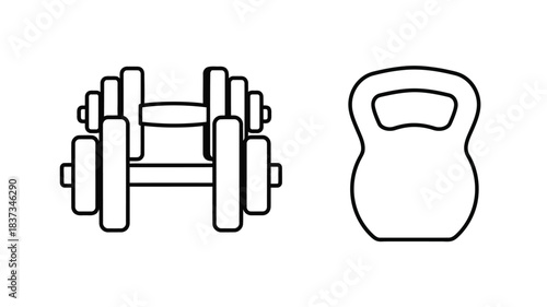 Simple black and white line drawing of dumbbells and a kettlebell