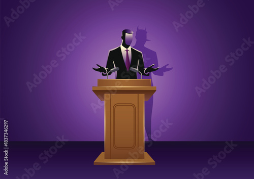 Businessman Speaking at Podium with Devil Shadow – Hidden Intention Concept Vector