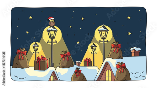 Festive Night Delivery: A whimsical winter scene unveils a festive Christmas eve with illuminated rooftops, lamp posts,gift, Christmas present, gift bag.