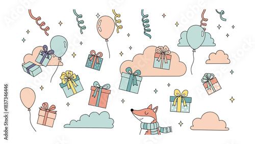 Whimsical Celebratory Scene with Presents: Playful presents and balloons float amongst fluffy clouds, as a cheerful fox watches the festivity, filled with joy and celebration.