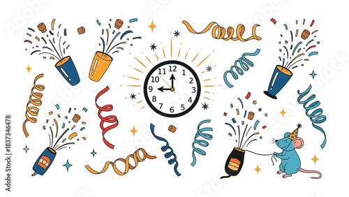 Celebration of Time and Festivity: Whimsical scene featuring party poppers, colorful confetti, and spiraling streamers swirling around a clock set at a special time.