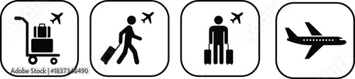 Air travel icon set, black and white square illustrations, luggage cart, walking traveler, standing passenger, airplane in flight, minimal airport concept