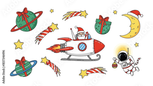 Santa's Celestial Journey: A whimsical illustration of Santa Claus embarking on a cosmic adventure, soaring through space with rockets and festive gifts, surrounded by planets, stars.