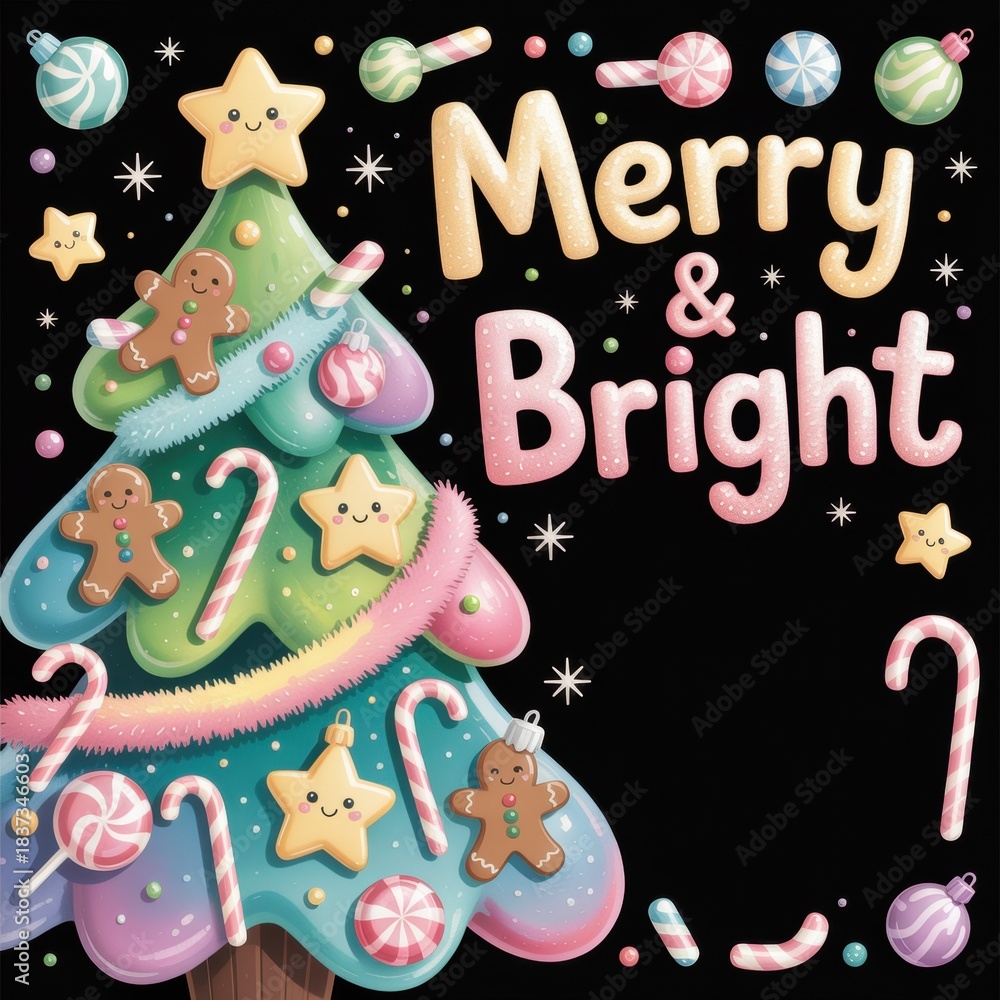 Naklejka premium Merry and Bright Christmas Tree with Candies and Gingerbread