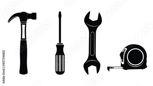 A collection of common hand tools including a hammer screwdriver wrench and tape measure