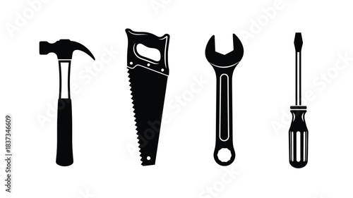 A collection of common hand tools including a hammer saw wrench and screwdriver