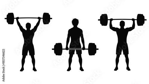 Silhouettes of three people lifting weights in various positions