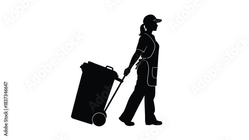 Silhouette of a worker pushing a large wheeled bin on a white background