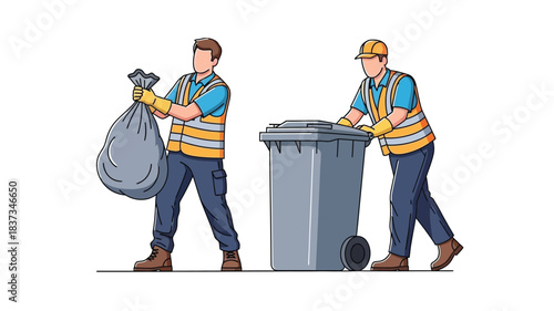 Two sanitation workers managing waste with a trash bag and bin