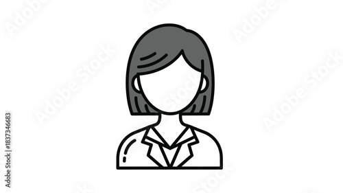 Simple line art illustration of a female figure with short dark hair