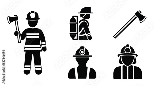 Black silhouette icons depicting firefighters helmets and firefighting tools