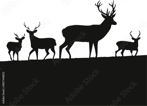 Deer Silhouette Herd Walking Through Snowy Winter Landscape, Vector Illustration
