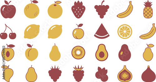 Two- Tone Flat Icons of Diverse Fruits and Berries on White Background apple orange