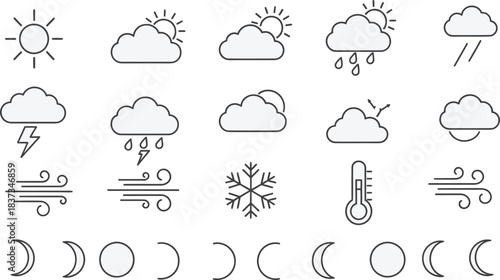 Weather forecast icons and moon phase symbols on white background cloud rain