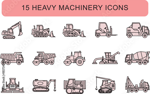 15 Heavy Machinery Icons in Line Art Style Keywords: heavy machinery, construction equipment, icon, set, collection, line art, outline, drawing