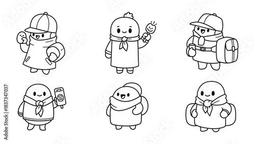 Whimsical Travel Companions: A delightful group of charming, cartoonish figures, each uniquely styled in winter attire, ready for adventure and exploring the world.