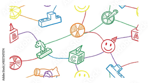 Connected Concepts: A vibrant network of interconnected concepts, each represented by unique symbols and joined by colorful lines, suggesting relationships and creative possibilities.