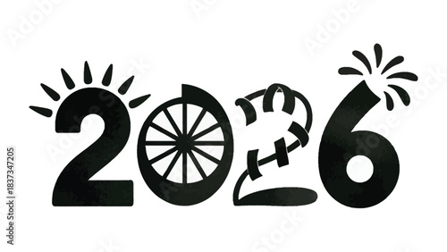 Creative 2026 Typography: A dynamic, stylized depiction of the year 2026, where each numeral is artistically crafted with unique, symbolic details. Featuring a sun, wheel and firework.