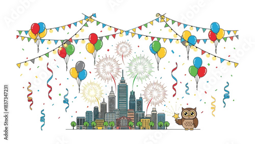 Celebratory Cityscape: A vibrant illustration showcasing a cityscape backdrop adorned with festive decorations like balloons, confetti and fireworks creating a joyful.