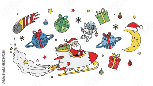 Celestial Christmas: A whimsical illustration of Santa Claus piloting a rocket sleigh through the cosmos, surrounded by stars, planets, and festive gifts, evoking a sense of wonder and holiday cheer.
