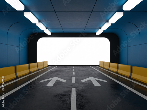 Modern dark blue tunnel entrance with bright white light awaits your forward moving vehicle or design concept