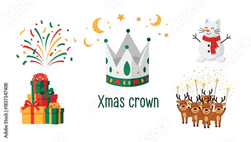 Festive Cheer: A charming visual array showcasing a collection of whimsical holiday-themed elements, including a vibrant fireworks display, a beautifully decorated crown, and a delightful snowman.