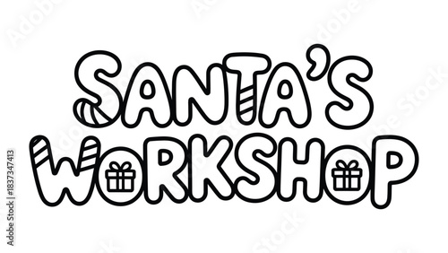 Santa's Workshop Sign: A whimsical illustration of Santa's Workshop presented in playful, bold lettering, accompanied by gift box icons, ready to spread festive cheer.