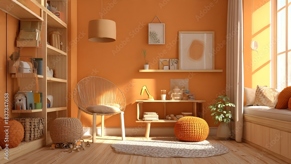Fototapeta premium Cozy Sunlit Room with Warm Orange Tones