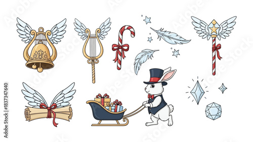 Whimsical Christmas Illustrations: A collection of delightful Christmas illustrations including a rabbit, sleigh, angel wings, bells, candy cane, and sparkling details.