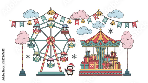 Carnival Festivities: A whimsical illustration of a charming carnival scene, adorned with a Ferris wheel, carousel, and festive decorations, evokes a sense of joy and wonder.