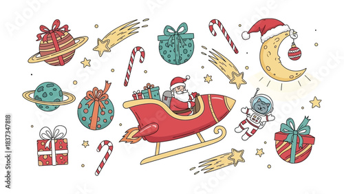 Santa's Interstellar Delivery: An imaginative illustration of Santa Claus piloting a rocket sleigh through the cosmos, surrounded by presents, celestial bodies, and festive elements.