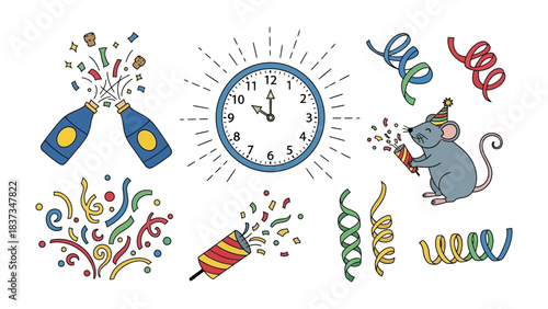 Celebration Graphics: A vibrant graphic design of celebratory elements, including a clock counting down to midnight, exploding confetti, festive party poppers, a cheerful rat with party hat. 