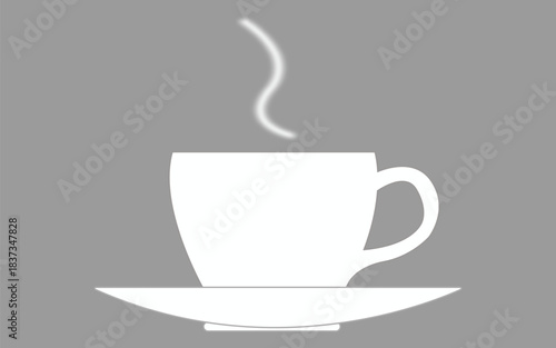 Simple white coffee cup and saucer with steam on a gray background