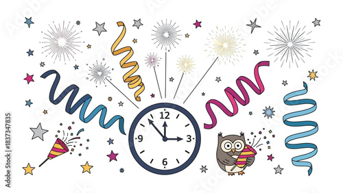 Festive Countdown: A celebratory illustration features a whimsical clock marking a special moment, surrounded by vibrant fireworks, swirling ribbons, cheerful stars, and a cute owl.