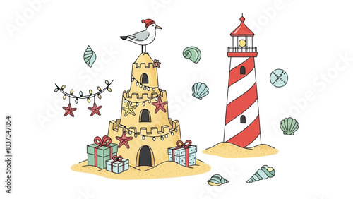Seaside festive cheer: A whimsical holiday scene unfolds on the shore, where a sandcastle, adorned with a festive seagull and twinkling lights, stands alongside a classic lighthouse.