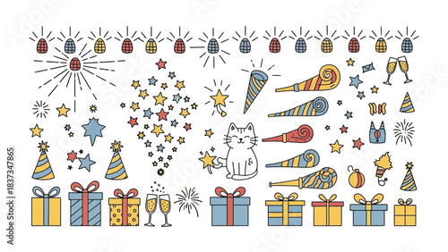 Celebratory Elements: A collection of festive vector icons, including party blowers, sparkling fireworks, gift boxes, and festive hats, arranged against a clean backdrop.