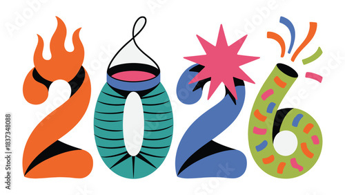 New Year's Eve 2026 Celebration: A vibrant and celebratory illustration of the year 2026, creatively designed with festive elements to evoke excitement and anticipation for the future.