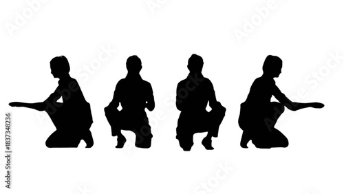 Four silhouettes of a person in a squatting or crouching pose showing different angles