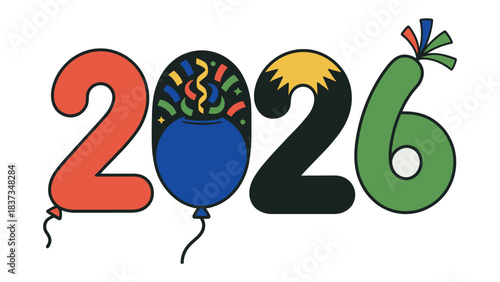 Vibrant Celebration: A whimsical graphic spells out 2026 using playful shapes and bold colors. A confetti-filled balloon adorns the 0, hinting at a festive occasion or upcoming event.