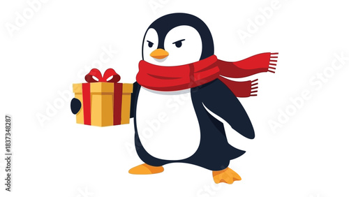Gift-Bearing Penguin: An adorably fierce penguin, snugly wrapped in a vibrant red scarf, carries a beautifully wrapped gift, embodying the spirit of generosity. 