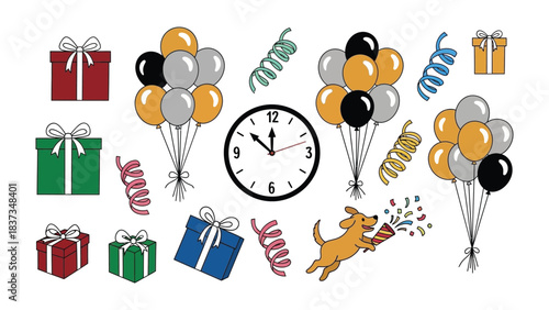 Festive Celebration Elements: An eye-catching collection of gifts, balloons, streamers, a clock, and a playful dog. conveying the sense of celebration, fun, and anticipation.