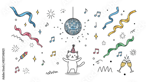 Celebratory Feline Fiesta: An adorable cartoon cat enthusiastically celebrates a festive occasion, surrounded by decorative ribbons, sparkling elements, and musical notes. 