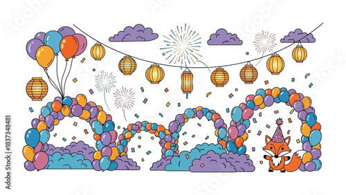 Celebratory Balloons and Fox: A festive scene, adorned with colorful balloons, floating lanterns, and charming decorations, a playful fox dressed in a party hat.
