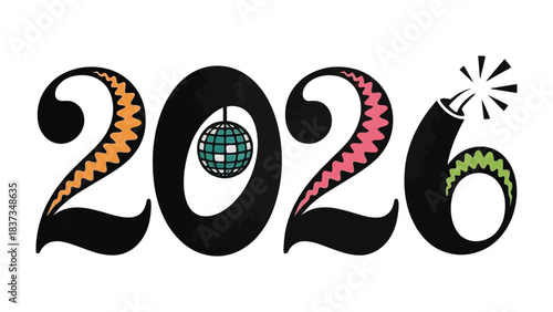 New Year's Eve 2026 Celebration: A vibrant and celebratory design spells out the year 2026, complete with a disco ball and firecracker, signifying the excitement and anticipation of the upcoming year.