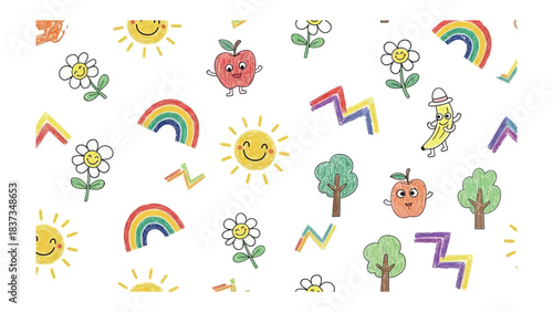 Whimsical World: A joyful and vibrant pattern showcases a collection of cheerful suns, rainbows, flowers, trees, apples and bananas.