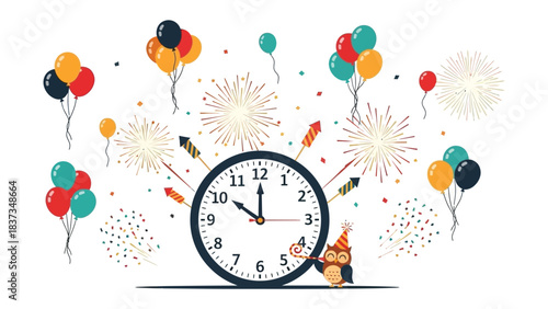 Festive Countdown: The image captures a lively celebration, featuring a clock set at a specific time surrounded by colorful balloons, fireworks, and confetti.