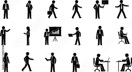 Collection of Black Silhouettes of Businessmen in Various Poses and Activities Keywords: businessman, silhouette, business, man, person, walking