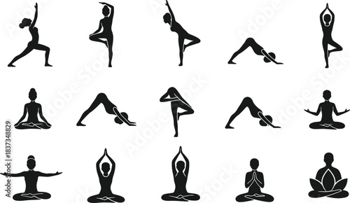 Collection of Black Silhouettes of People Performing Yoga Poses Keywords: yoga, silhouette, pose, exercise, fitness, health, meditation
