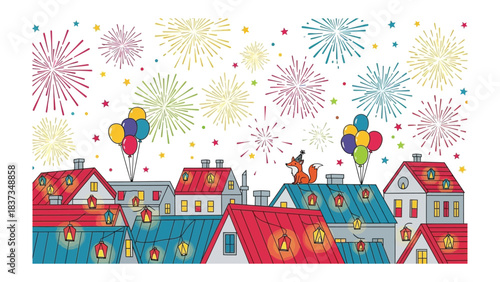 Festive Town Celebration: Charming illustration depicting a vibrant town celebrating with colorful fireworks and joyful decorations. Capturing festive atmosphere and community spirit.